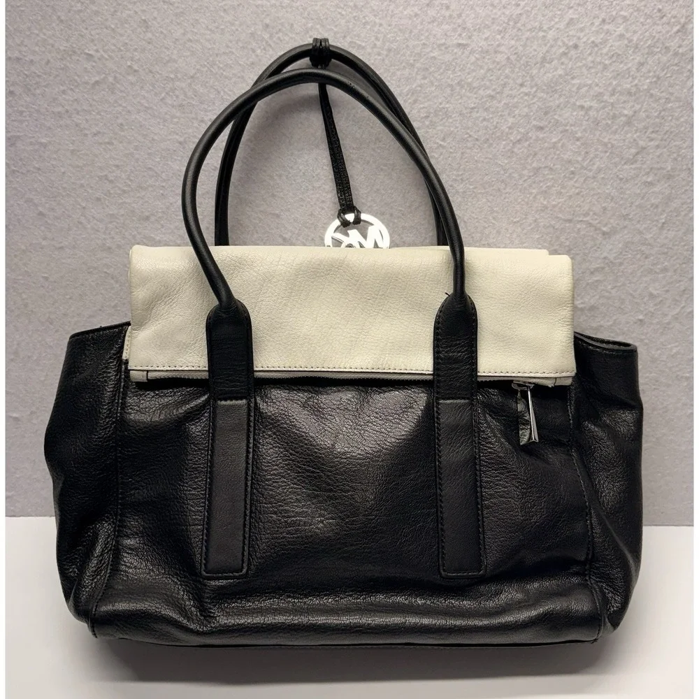 Michael Kors Tippi Large Satchel Leather Handbag Purse Black Cream White